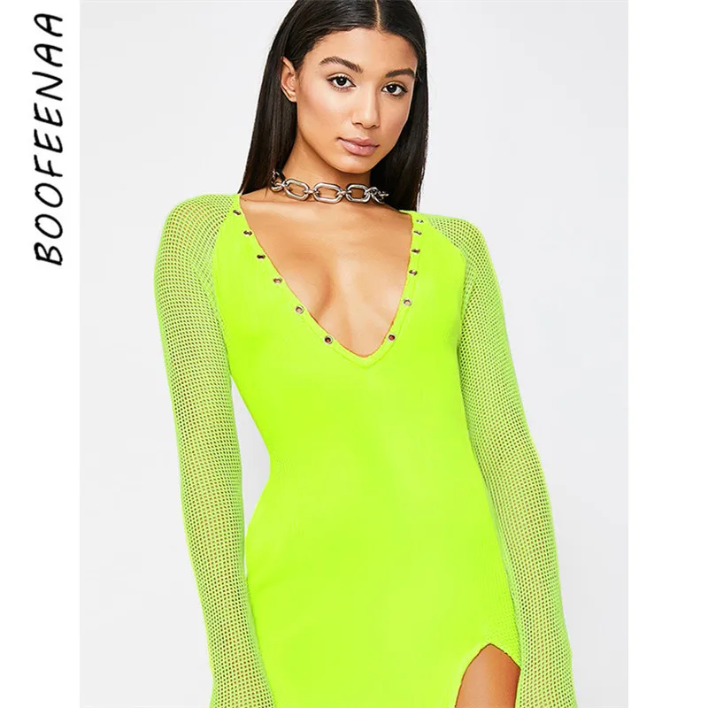 Neon green long sleeve mini dress