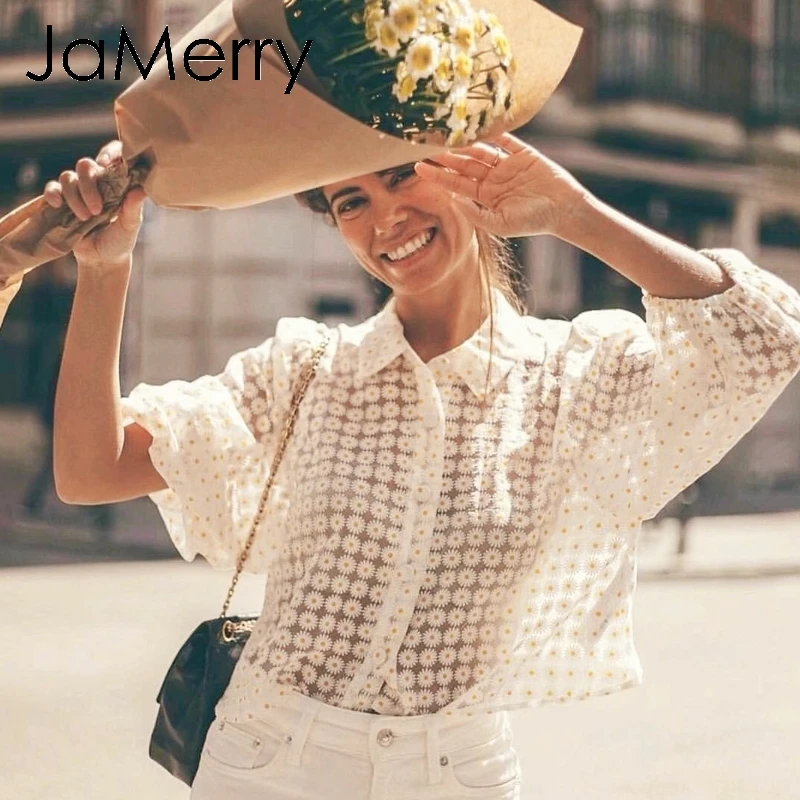 JaMerry Винтаж wweet цветок женская блузка рубашка Лето Элегантный бежевый топ
