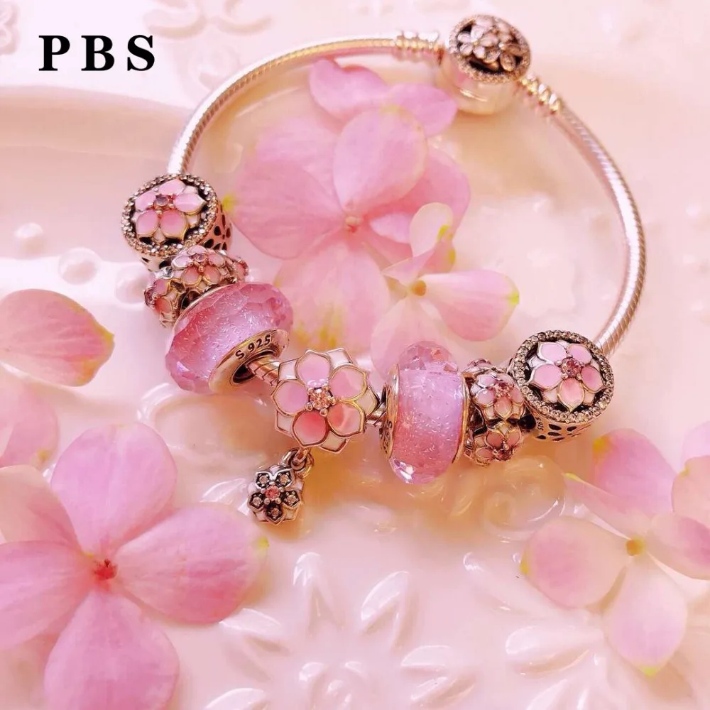 

PBS 100% 925 Sterling Silver Original Copy High Quality 1:1 Pink Series Beads Pendant Bracelet Wholesale Free Shipping