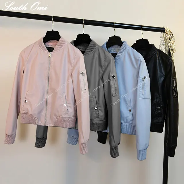 New! Leather Bomber Jacket Women Pink/blue/Black Jacket