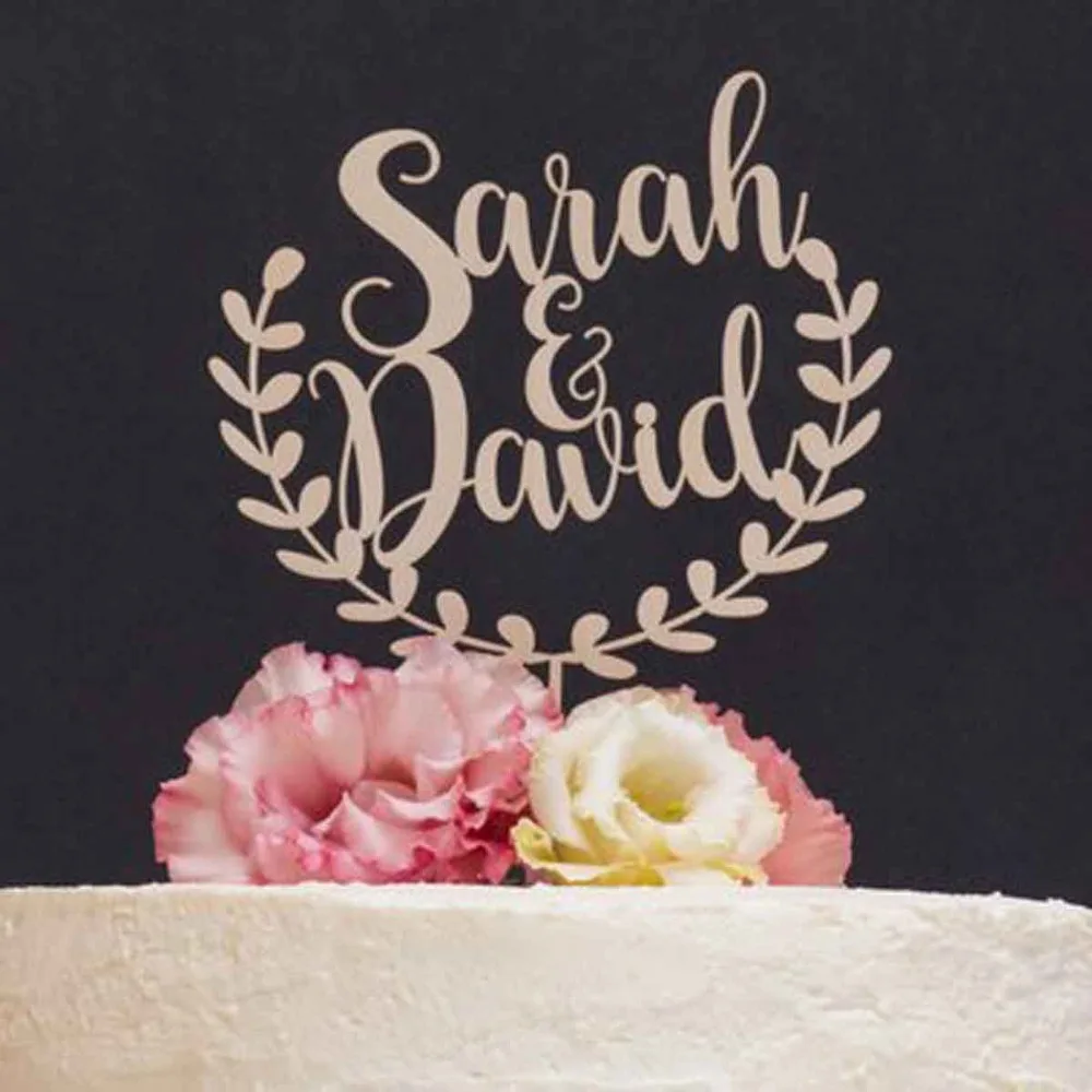 Custom wreath Rustic wedding cake topper Wooden Wedding Party Decoration Personalized Name Rustic wood Cake Topper (3)