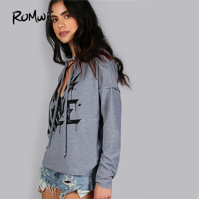  ROMWE Women Hoodies Sweatshirts Printed Distressed Cut Out Edgy Hoodie Autumn Grey V Neck Long Slee