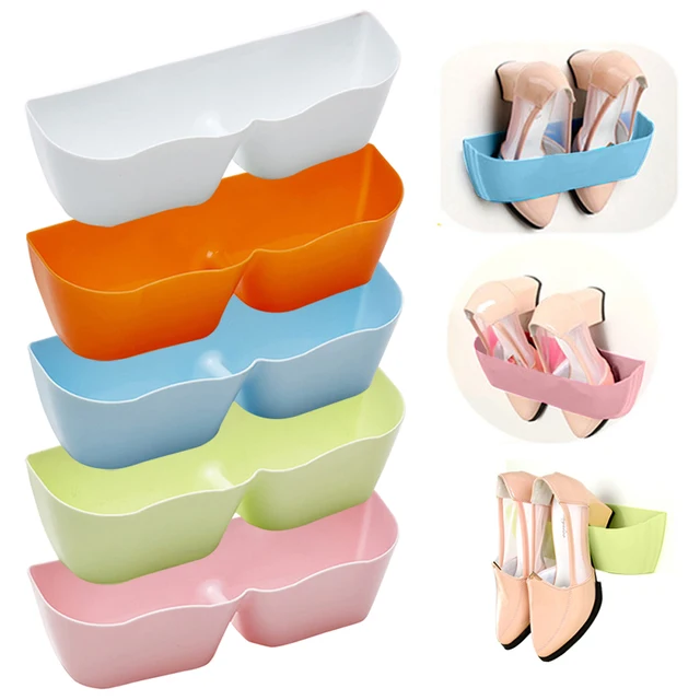 Plastic Shoe Shelf Stand Wall Hanging Shoes Storage Organizer Adhesive Shoe Rack Hanger Stickers