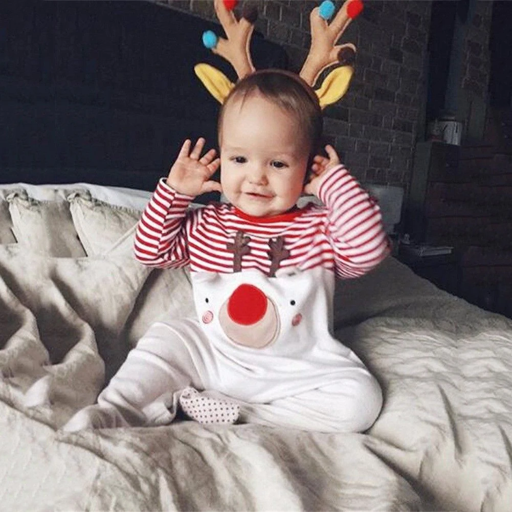 

0-24M Christmas Xmas Newborn Infant Baby Boy Girl Clothing Cute Cartoon Romper Striped Pajama Outfit Children costume
