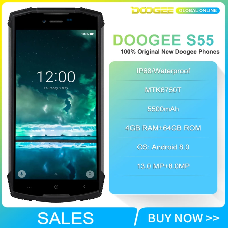 DOOGEE S55 5.5 inch 18:9 IP68 waterproof Smartphone MTK6750T 5500mAh 4GB 64GB 13.0 MP Mobile phone Android 8.0 BAK battery