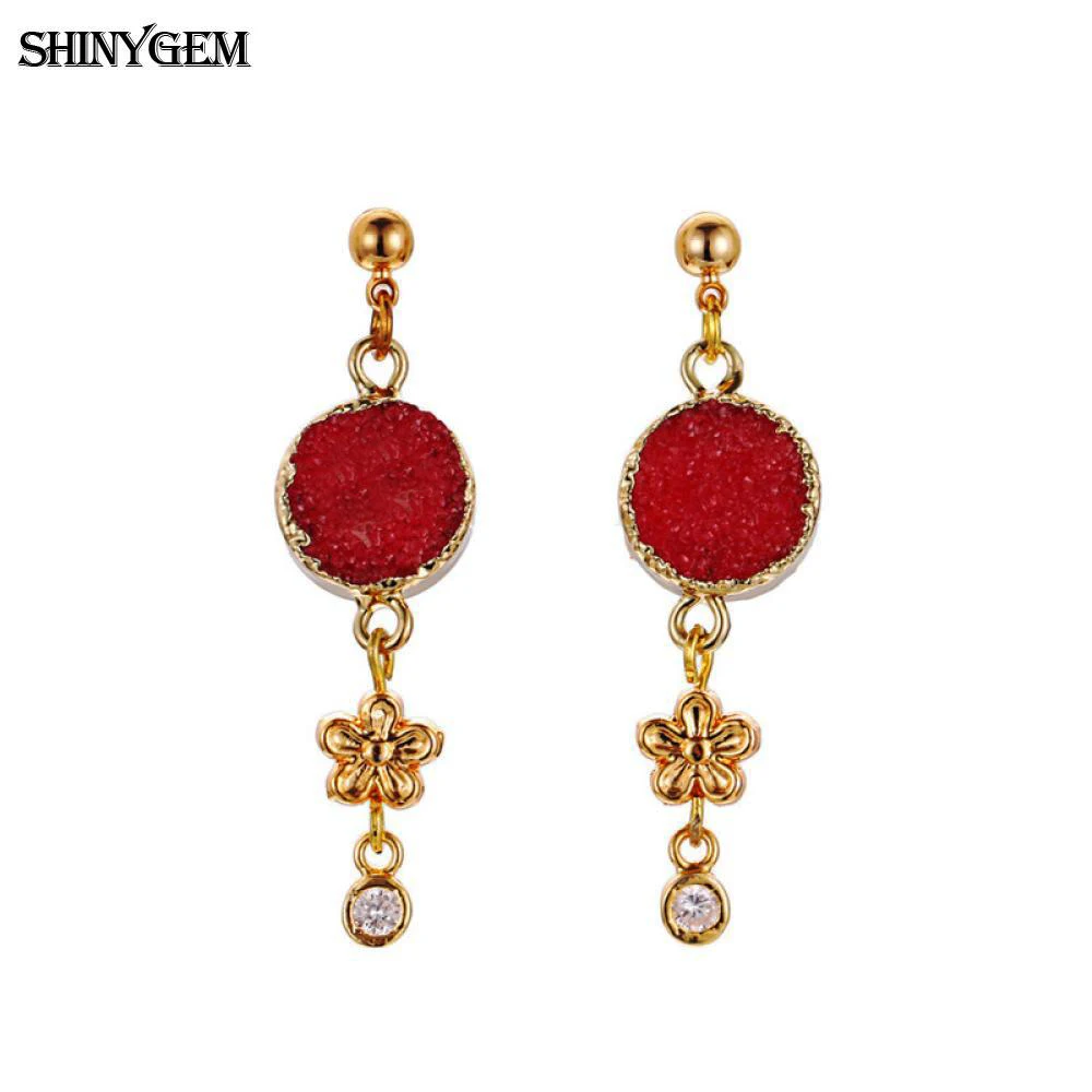 ShinyGem Red Natural Crystal Druzy Drop Earrings Gold Flower Charm Red