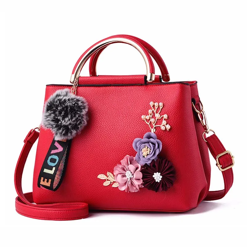 Women Flower Leather Handbag Holiday Female Pompom Clutch Bags Lady Travel Casual Shoulder Bag Exquisite Crossbody SS7001 (7)