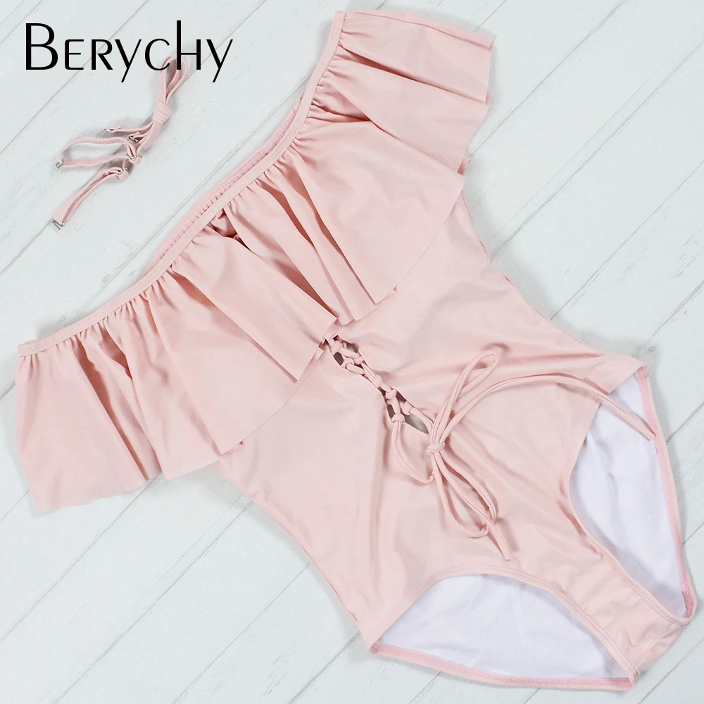Berychy Для женщин Swimuit сексуальные купальники Off Shoulder Ruffle Пляжная боди Женский