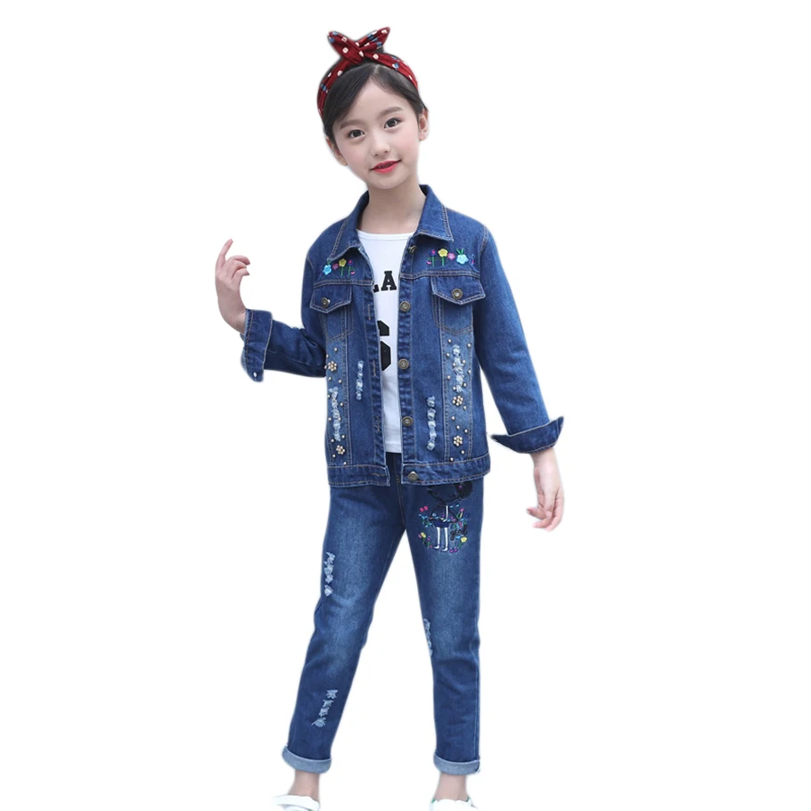 

girls clothing denim suit 2pcs jacket + jeans teenage children Korean style spring autumn clothing set for 4 6 8 10 12 14 years
