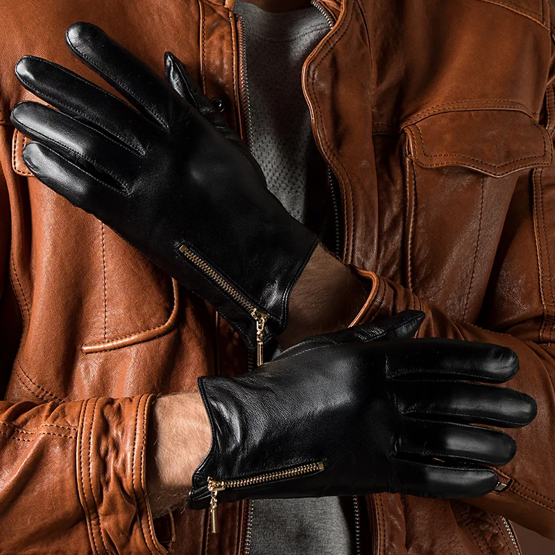 Высокое качество Мужская Мода Повседневное зима теплая натуральная кожа перчатки Сенсорный экран варежки черный плюс бархатные теплые перчатки для вождения