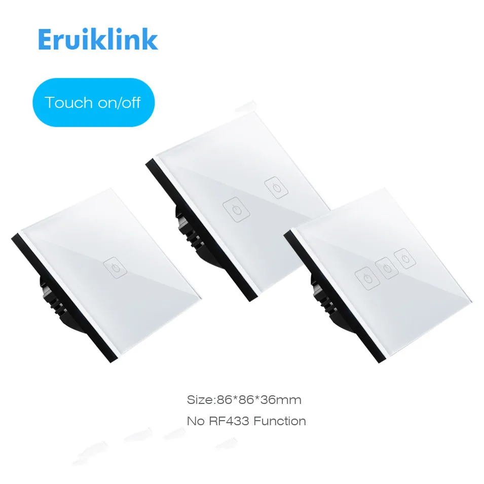 EU UK Type Eruiklink Touch Switch 1 Gang 2 Gang 3 Gang 1 Way,Crystal Glass Switch Panel, Single FireWire Touch Sense Wall Switch