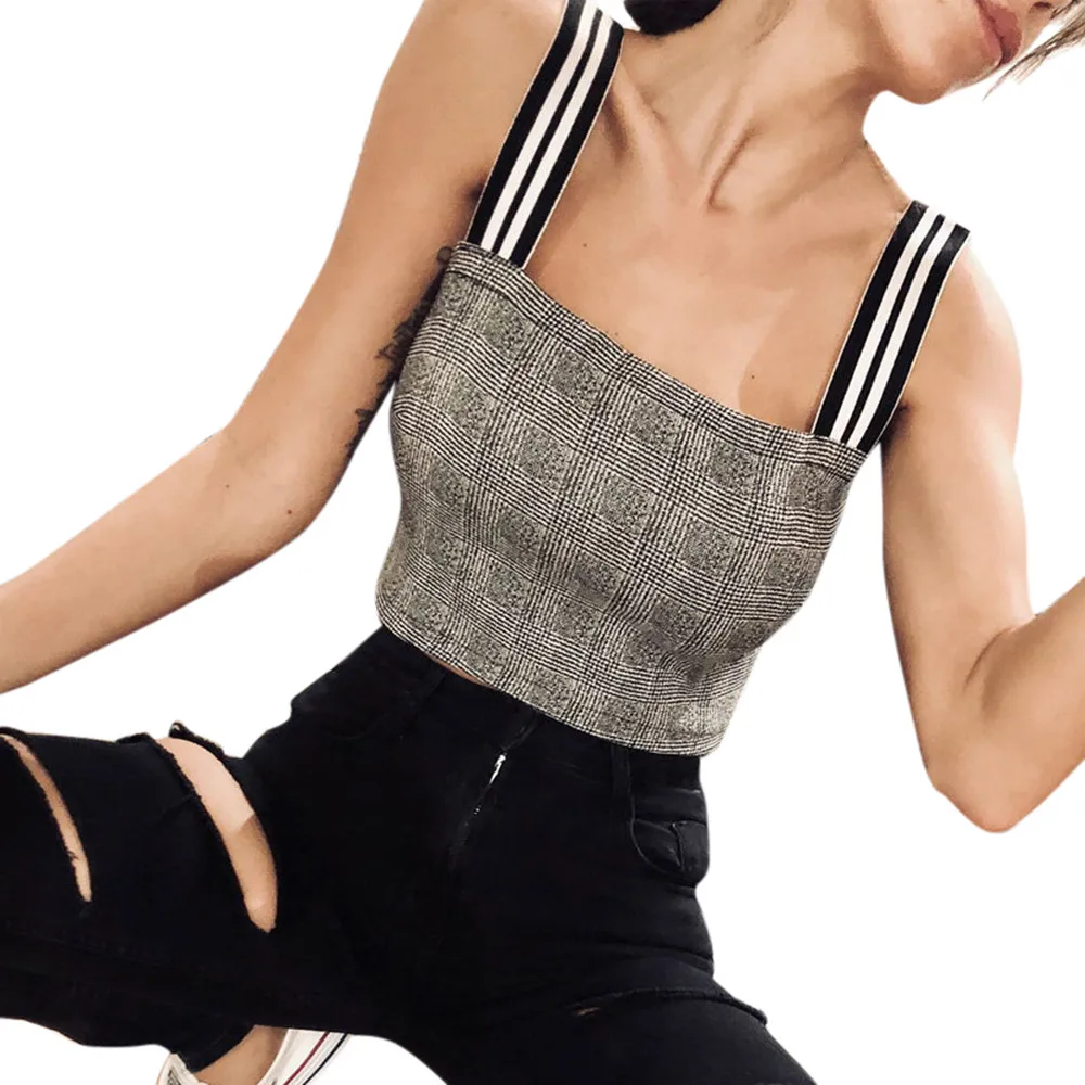Casual Strappy Tank Sleeveless Plaid Vest Blouse Crop Tops women's blouses and shirts 2019 Summer Blouse Top blusa feminina A20