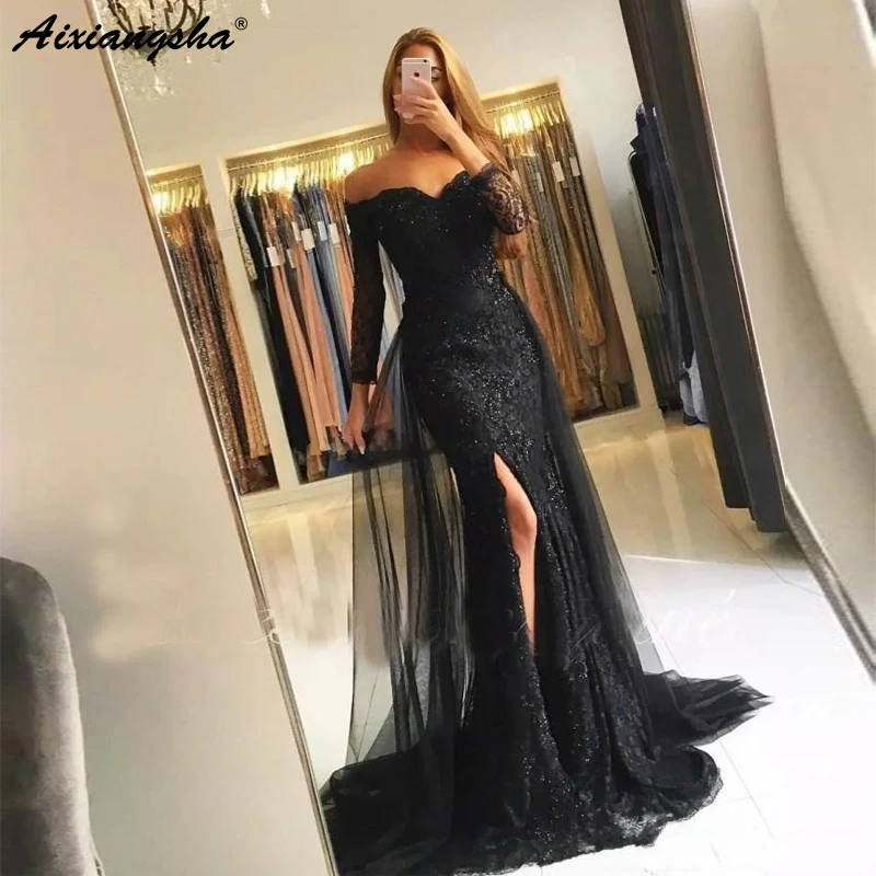 

Sexy Off the Shoulder Three Quarter Sleeve Lace Mermaid Prom Dresses With Split Detachable Tulle Train Long Evening Gown 2019