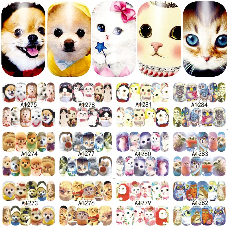 12 Sheets Mixed Designs Cute Dog Cat Full Cover Water Transfer Nail Art