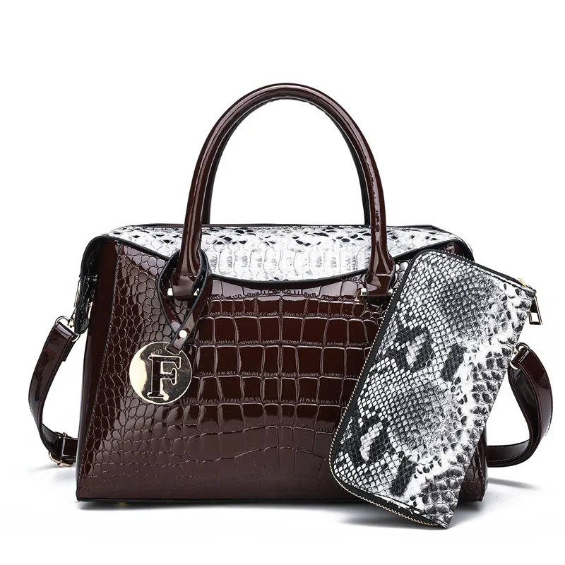 Новинка, женские сумки, 2 комплекта, роскошная Брендовая женская сумка-тоут с кошельком, глянцевая кожа, модные сумки через плечо для леди - Цвет: Brown-2