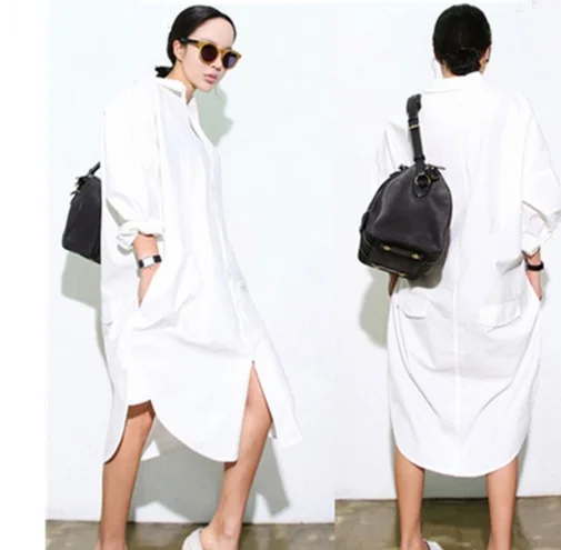 

Straight brief Solid White color Cotton blouses oversized plus large size comfortable long women shirt Turn-Down Collar Dress