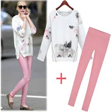 white and pink new spring 2016 print long sleeve blouse and leggings suit cotton cultivate ladies side zipper 2 piece set
