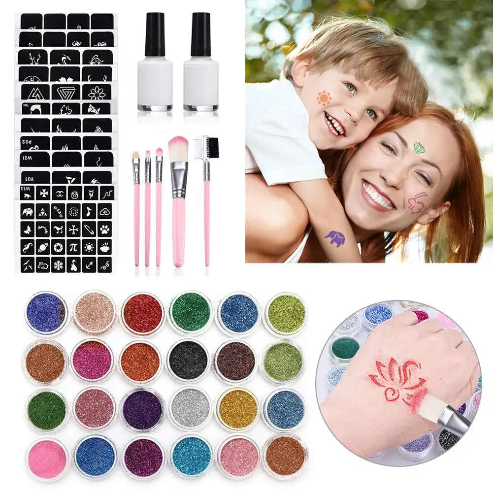 BinHin 24Pcs Color 125 Templates Set Flash Diamond Glitter Flash Powder for Temporary Tattoo Set Kids Face Body Painting Art Tools Suit