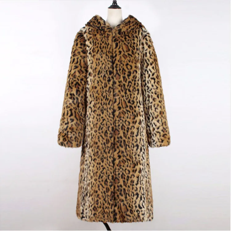 Women Leopard Jackets With Hooded Large Size S/6XL Female Elegant Fake Fur Overcoats S/6Xl Pretty Leopard Print Jacket D427