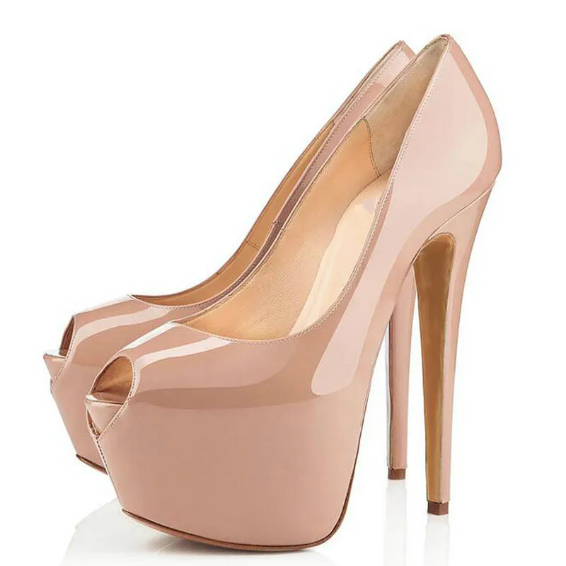 

Hot Sale Peep Toe Woman High Heel 16CM Platform Heels Nude Patent Leather Sexy Female Dress Shoes Pumps OL Party Shoes Size 42