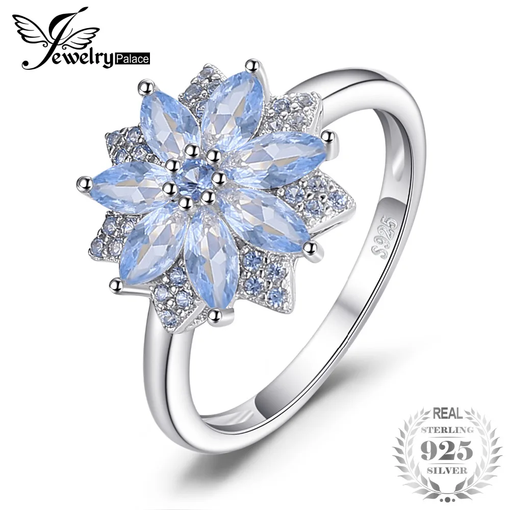 

JewelryPalace Flower 1.2ct Created Light Blue Spinel Statement Ring 925 Sterling Silver Fine Jewelry New Gift for Women