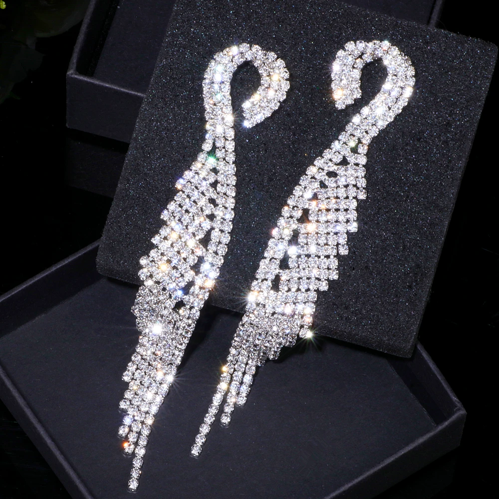 Luxury Crystal Long Tassel Earrings Classic Bridal Dangle Drop Earring Brincos Wedding Engagement Jewelry Accessories WX041