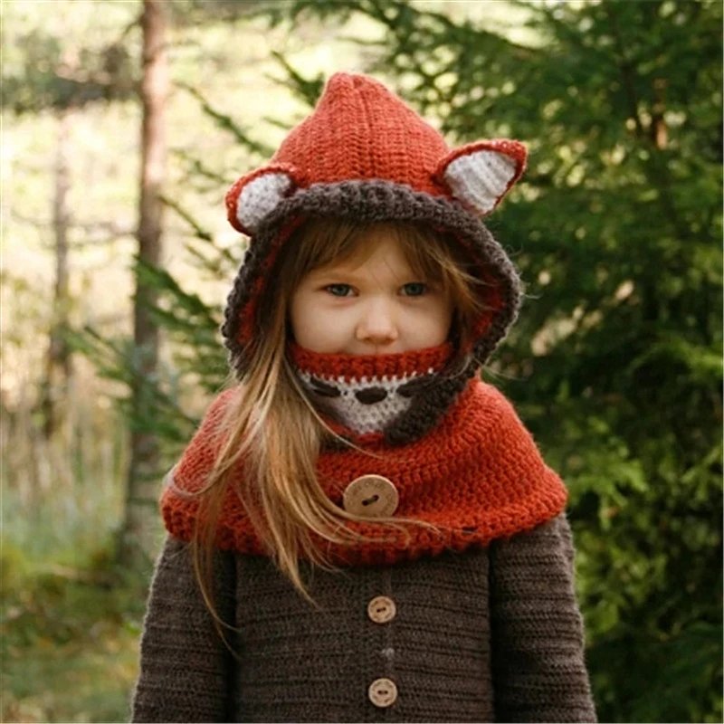 Ianlan зимняя шапка, шарф для детей прекрасный Теплые комплекты с принтом «Лисенок» для детей милое дизайнерское платье утепленный вязаный, шерстяной Детские кепки шарфы IL00188