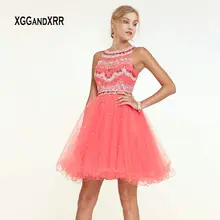 Милое розовое короткое вышитое бисером платье для выпускного вечера кристаллы, блестки, тюль, платье для выпускного вечера, иллюзия, сзади, синий, для выпускного вечера, вечерние платья