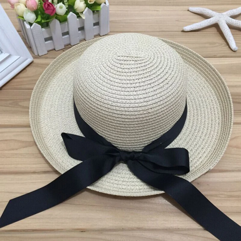 1 قطع الصيف أحد قبعة سوداء bowknot الشريط التشفيه قش قبعة الشاطئ قبعات محيط الرأس 56-58 سنتيمتر 3 ألوان 6113