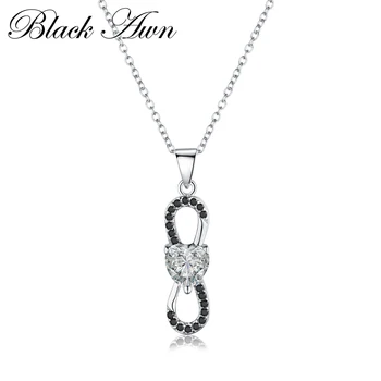 

Black&White Stone Necklaces Pendants Fine Necklace Women Genuine 100% 925 Sterling Silver Jewelry Classic Heart P068
