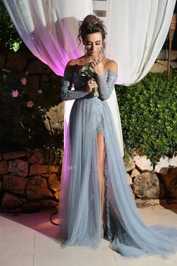 

Grey Long A-line Tulle Elegant Side Slit Sexy V-neck Long Sleeve Pageant Prom Gown vestido de festa mother of the bride dresses