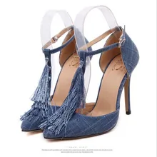 gladiator roman new designer women tassel fringe canvas denim T strap ankle strap mary jane cut out sandals pumps high heels