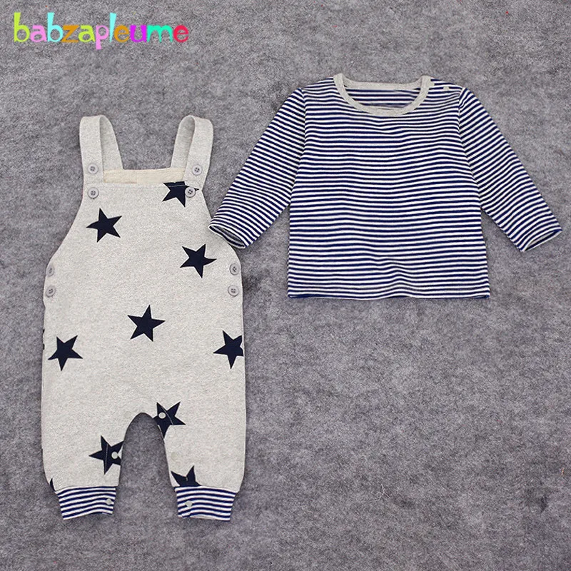 

babzapleume Spring Autumn Newborn Baby Boys Clothes Cotton Stripe T-shirt+Overalls 1st Birthday Infant Clothing Sets 2PCS BC1028