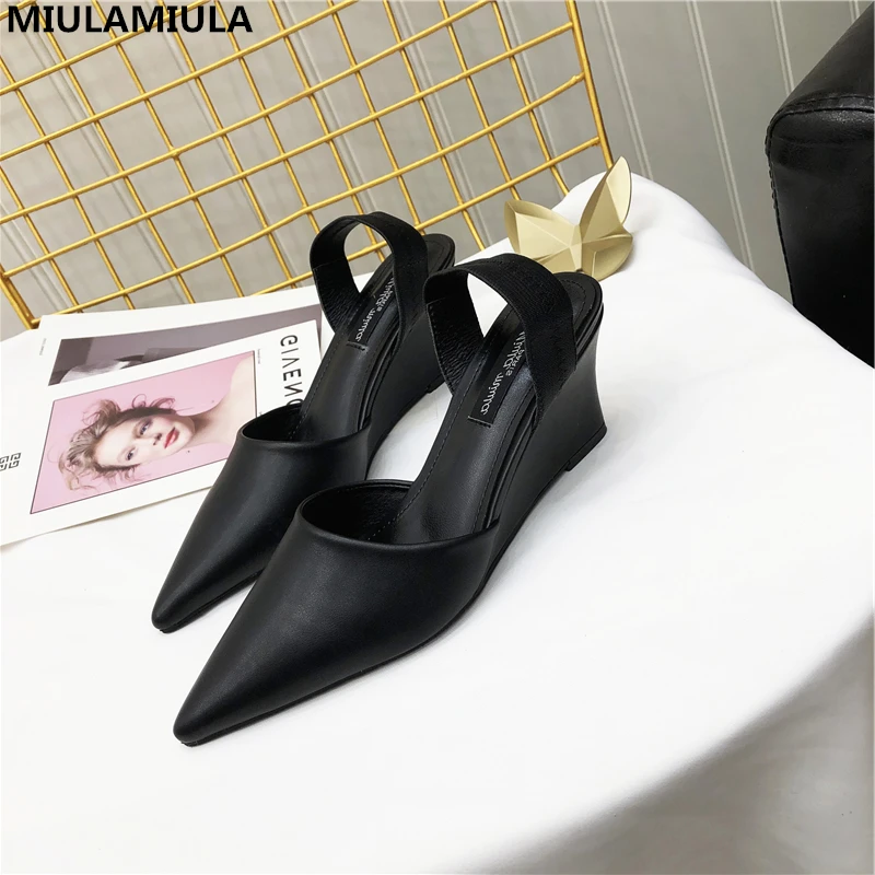 

MIULAMIULA Brand Designers 2019 Black Apricot High Wedges Heels 7cm Pointed Leather Shoes Woman Elastic Band Lady Sandals 35-40