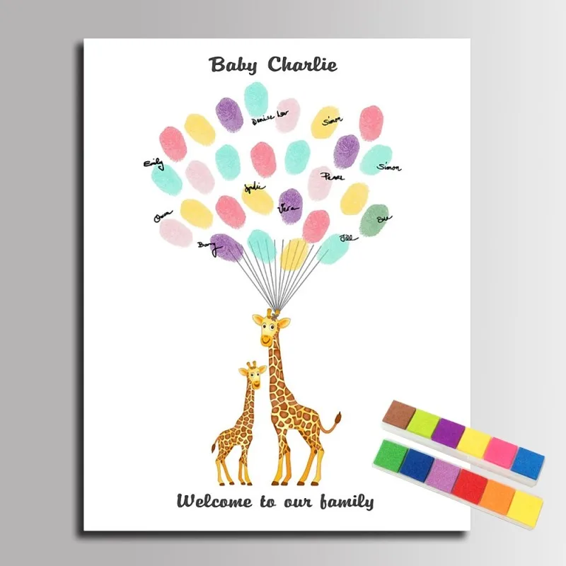 Отпечаток пальцев Подпись Картина на холсте жираф мама с ее ребенком DIY книга для гостей детские украшения для душа