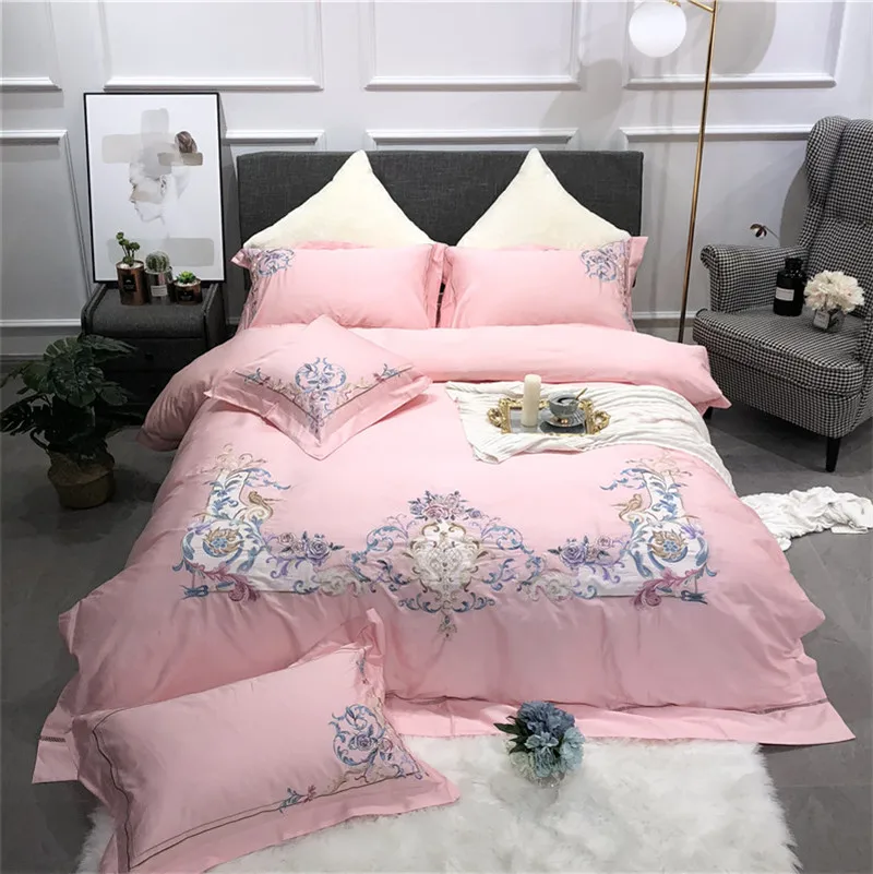 

New European Style Pink Luxury Royal Embroidery 60S Egyptian cotton Palace Bedding Set Duvet Cover Bed sheet/Linen Pillowcases