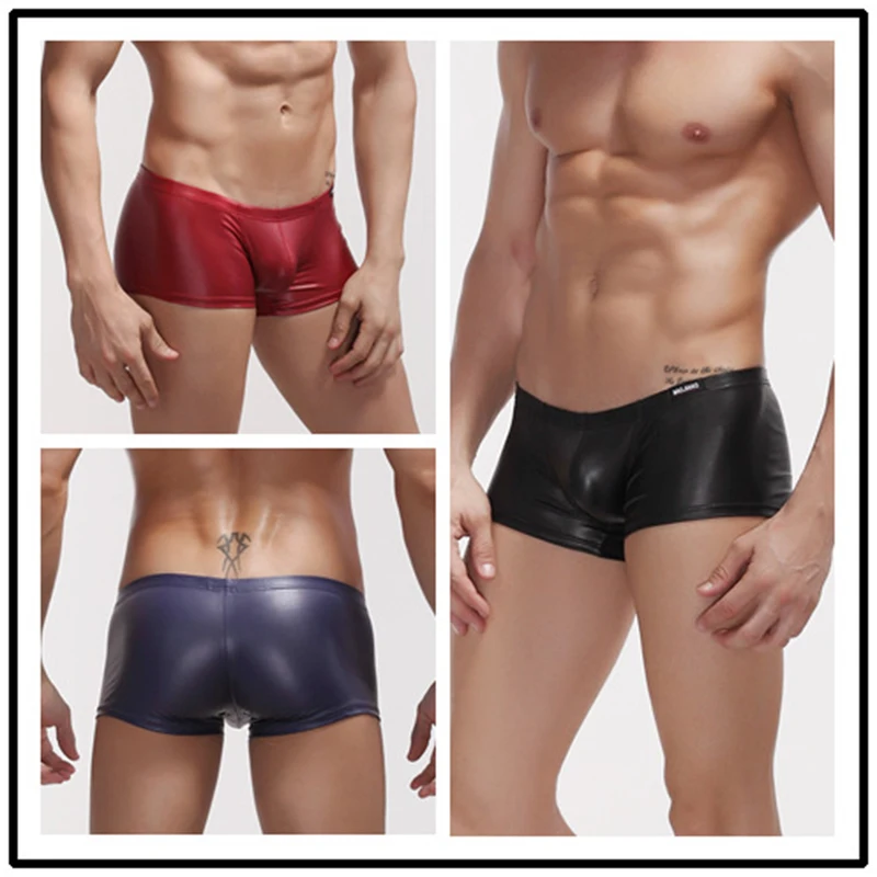 

Retail 5 Colors For Male Sexy Elastic Faux Leather Latex Boxer Shorts Underwear Low Waist Gay Men Jockstrap Panties Lingerie