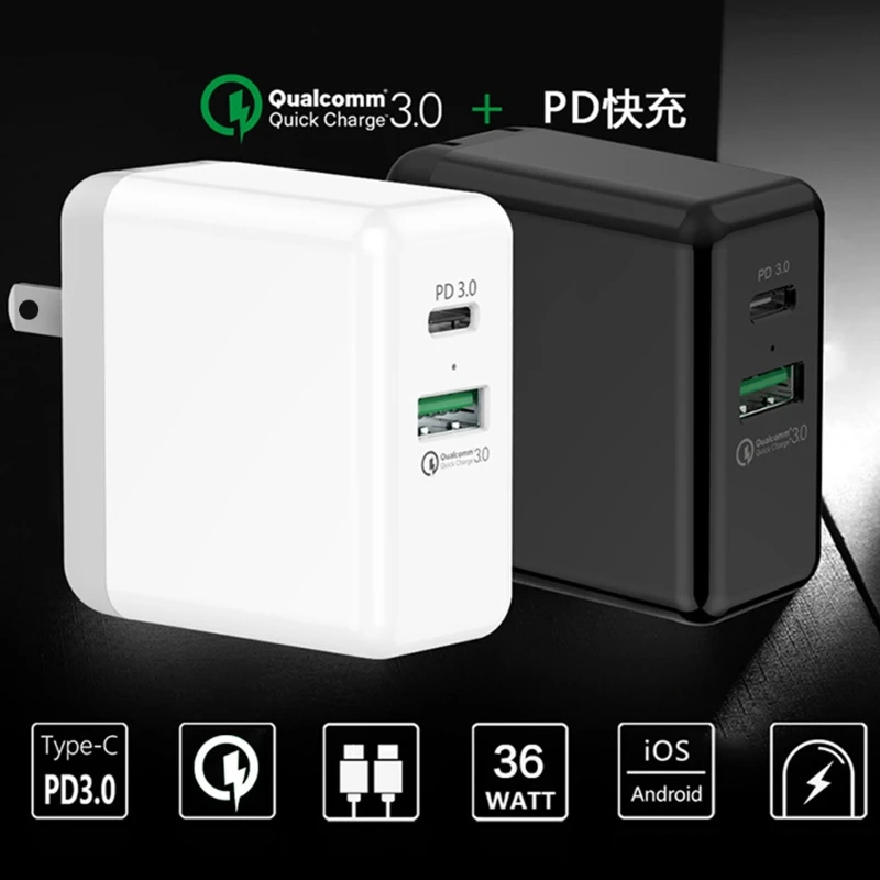 

36W PD3.0 Type C USB QC3.0 Travel Charger Power Adapter For Smart Phone MacBook