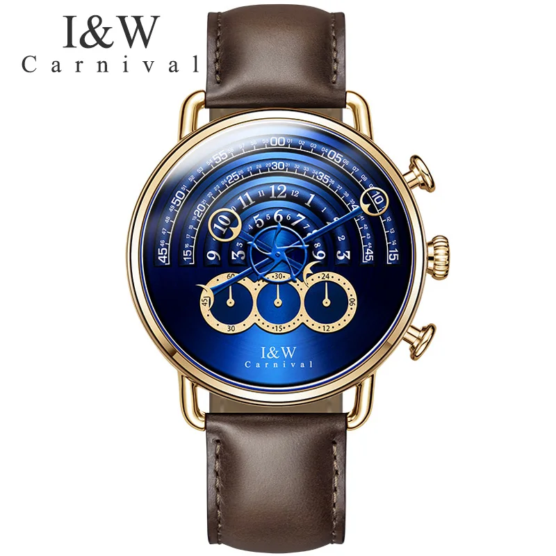 

Carnival Sports Watch Men Waterproof Sapphire Stainless Steel Quartz Blue Dial Leather Strap Stop Wristwatch Relogio Masculino