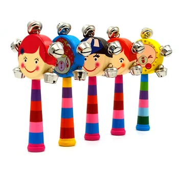 

Baby Cartoon Wooden Smile Face Dolls Rattle Drum Spin Toys Hand Held Puppet Head Drum Rod Handbell Musical Hand Bell Toys