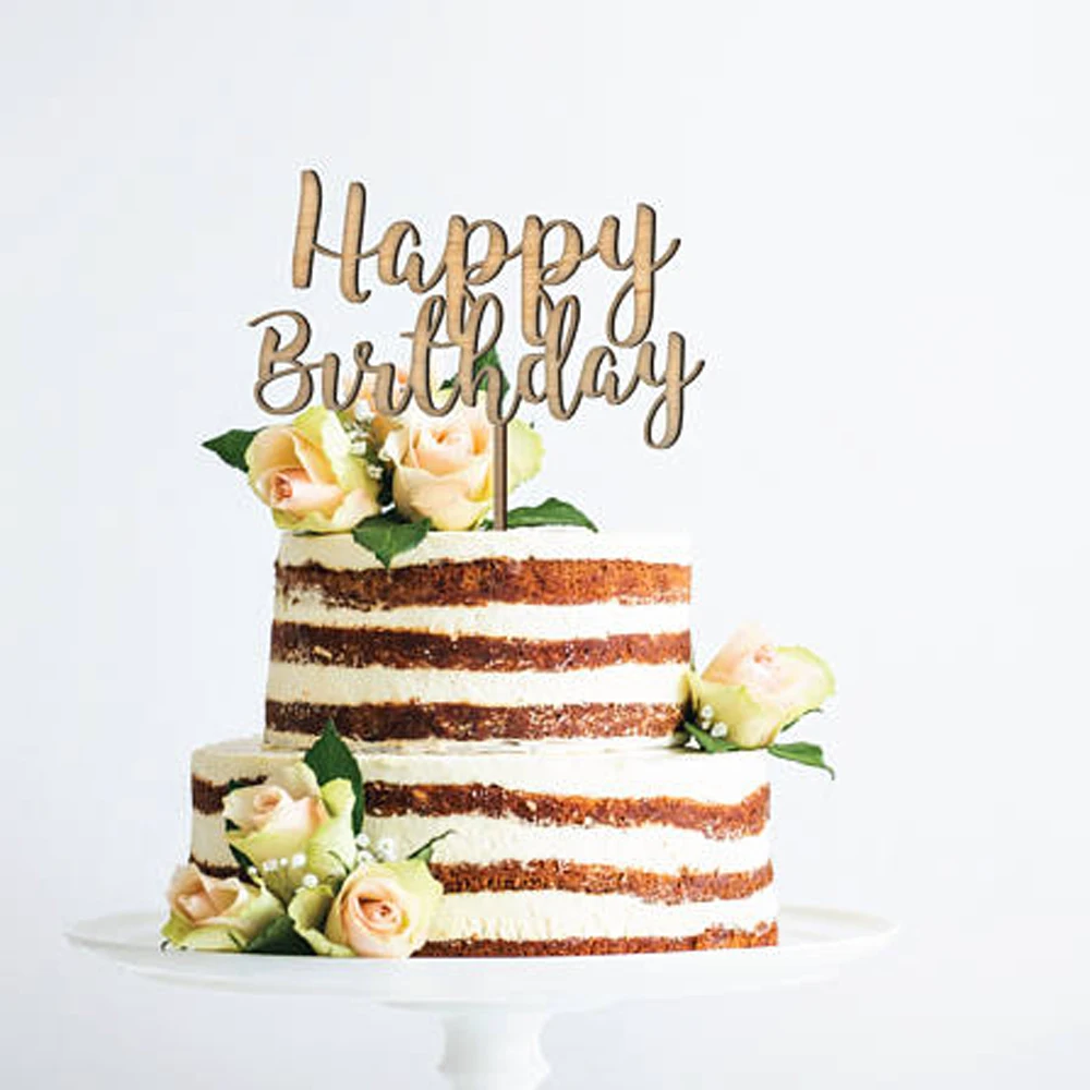 Wooden Happy Birthday Cake Topper Decoration WhiteBlackGlodSilver Color Acrylic Cake Topper Stand Gift Supplies Happy