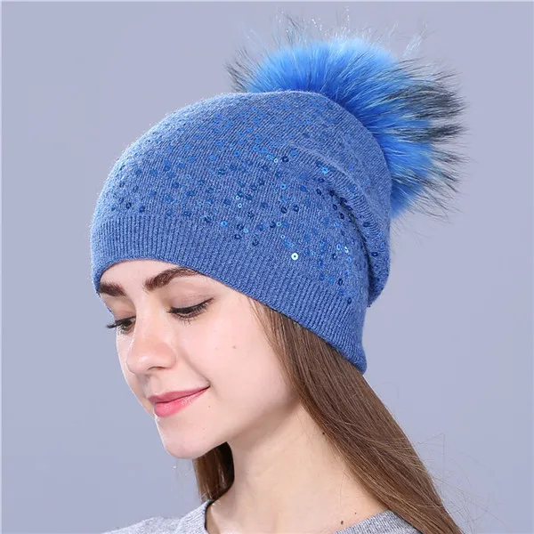 Xthree, зимняя вязаная шапка для женщин, шерстяная шапка, шапочки, 15 см, натуральный мех норки, помпоны, блестящая шапка Skullies, шапка для девочек - Цвет: blue