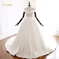 Loverxu Vestido De Noiva Sexy Illusion Ball Gown Wedding Dress 2019 Short Sleeve Appliques Beaded Court Train Satin Bridal Gown