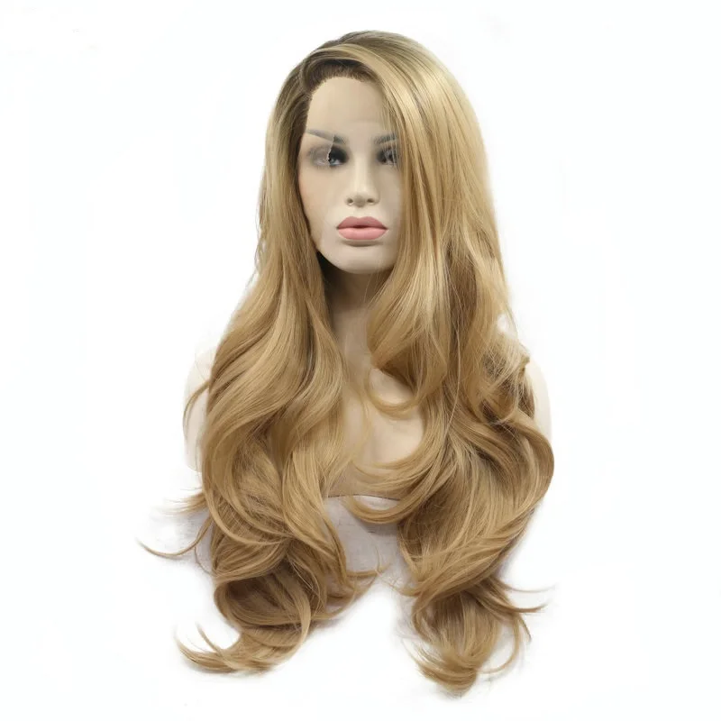 Marquesha пепел блондинка синтетический синтетические волосы на кружеве парик длинные волнистые Ombre темные корни боковая часть Glueless косплэй