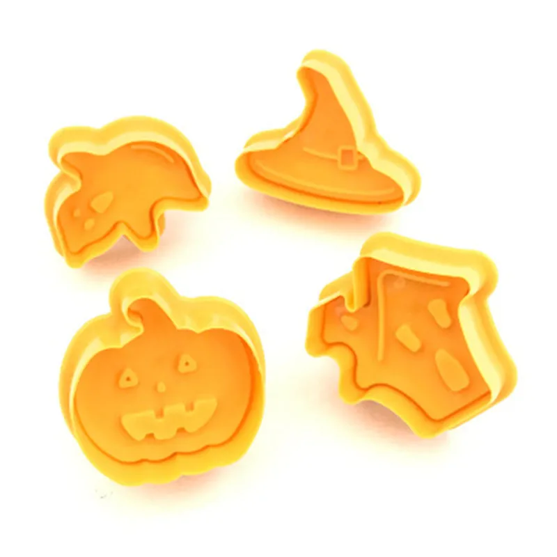 4PC Halloween Shaped Cookie Press Plunger Cookie Cutter Fondant Cake