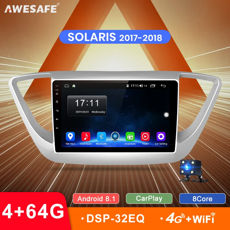 

AWESAFE 4G+64G 2 Din 9'' Eight Core Android 8.1 Car Radio Multimedia Player GPS Navigator For Hyundai Solaris Verna 2017 2018