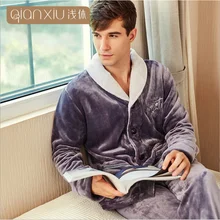 Зима, большие размеры, мужские повседневные пижамные комплекты, Мужская теплая Фланелевая пижама, костюм для пары, пальто с отложным воротником и штаны XXL