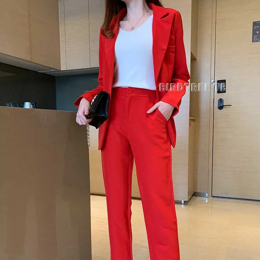 Traje de pantalones de oficina para mujer, de dos piezas, Blazers elegantes de un solo pecho y pantalones de longitud completa, color rojo sólido, ventas, S96404Z