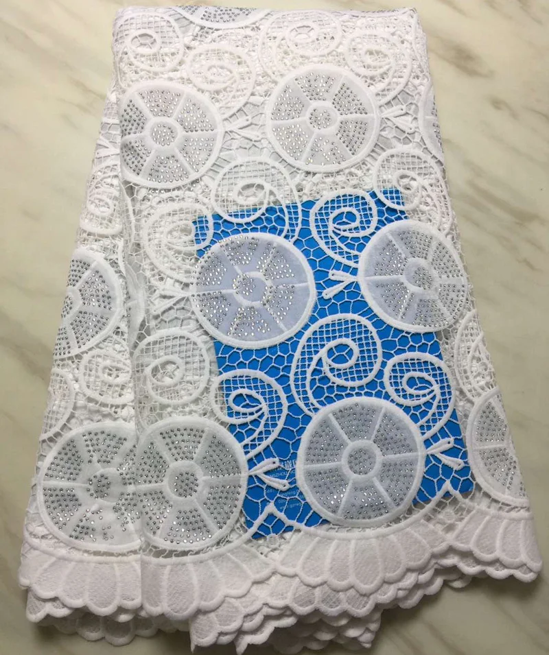 

(5yards/pc) white color African cord lace fabric fashion guipure lace fabric with velvet and stones for party dress CWS93