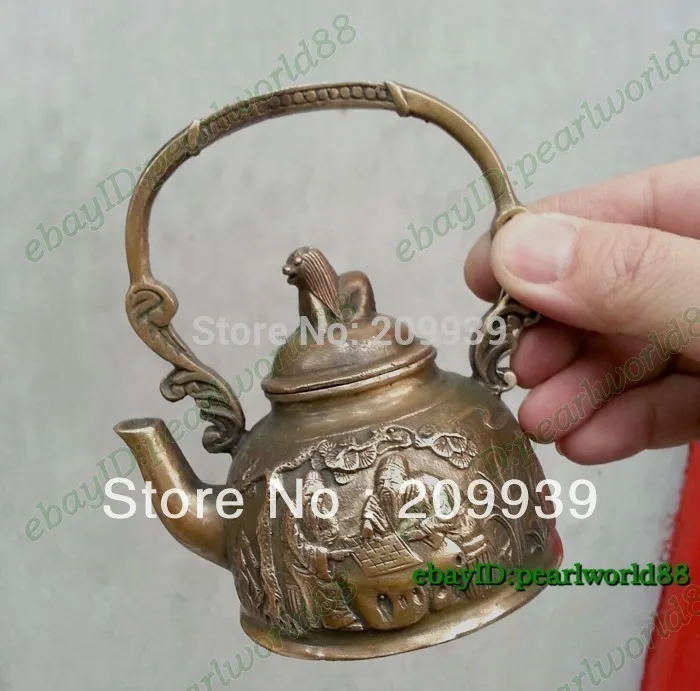 

huij 0018 Rare Oriental Bronze Signed carved Handmade Teapot pot Statues (A0314)